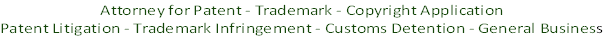 Attorney for Patent - Trademark - Copyright Application 
Patent Litigation - Trademark Infringement - Customs Detention - General Business